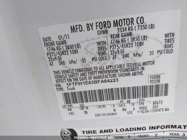 2011 Ford F150 Supercrew მანქანა იყიდება აუქციონზე, vin: 1FTFW1E63BFA64223, აუქციონის ნომერი: 30090654