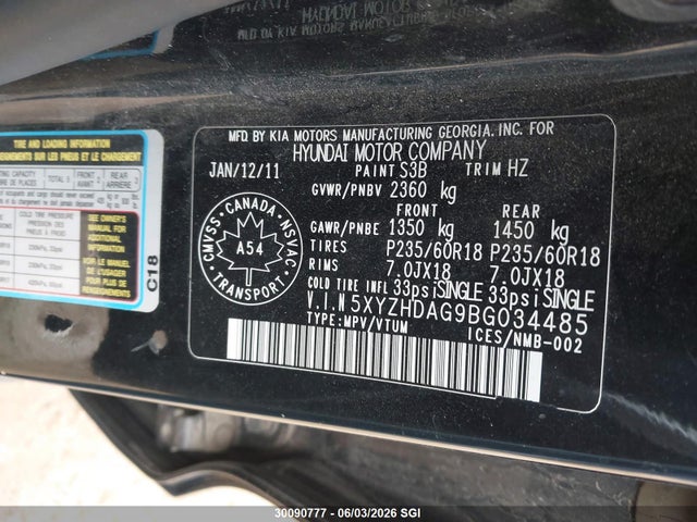 30090777 :رقم المزاد ، 5XYZHDAG9BG034485 vin ، 2011 Hyundai Santa Fe Se مزاد بيع