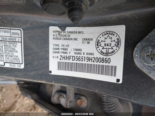 Aukcja sprzedaży 2009 Acura Csx, vin: 2HHFD56519H200860, numer aukcji: 30082802