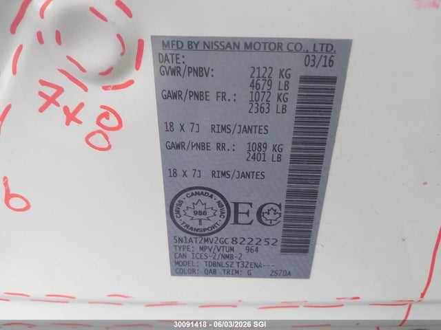 Продажа на аукционе авто 2016 Nissan Rogue S/sl/sv, vin: 5N1AT2MV2GC822252, номер лота: 30091418