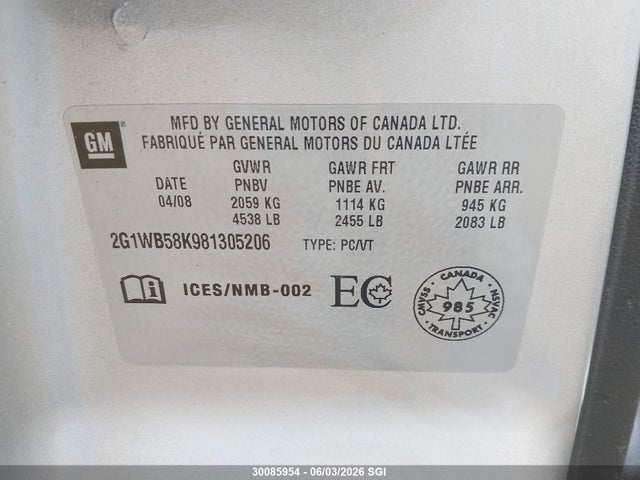 Продаж на аукціоні авто 2008 Chevrolet Impala Ls, vin: 2G1WB58K981305206, номер лоту: 30085954
