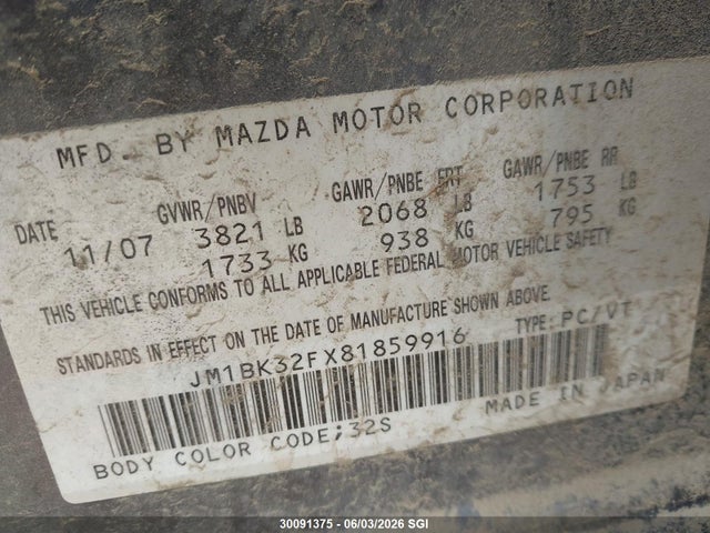 Aukcja sprzedaży 2008 Mazda Mazda3 Gs/gx, vin: JM1BK32FX81859916, numer aukcji: 30091375