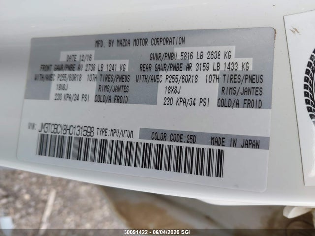 Aukcja sprzedaży 2017 Mazda Cx-9 Touring, vin: JM3TCBCY8H0131598, numer aukcji: 30091422