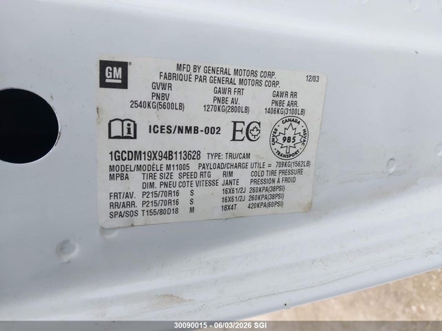 2004 Chevrolet Astro მანქანა იყიდება აუქციონზე, vin: 1GCDM19X94B113628, აუქციონის ნომერი: 30090015