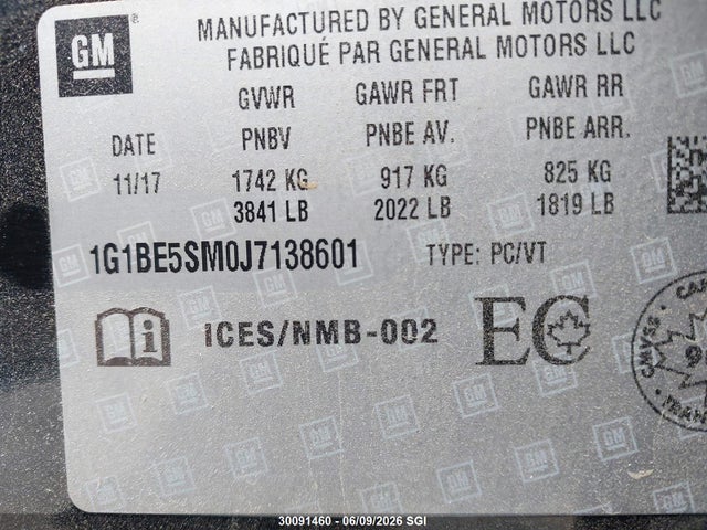 Продаж на аукціоні авто 2018 Chevrolet Cruze Lt, vin: 1G1BE5SM0J7138601, номер лоту: 30091460