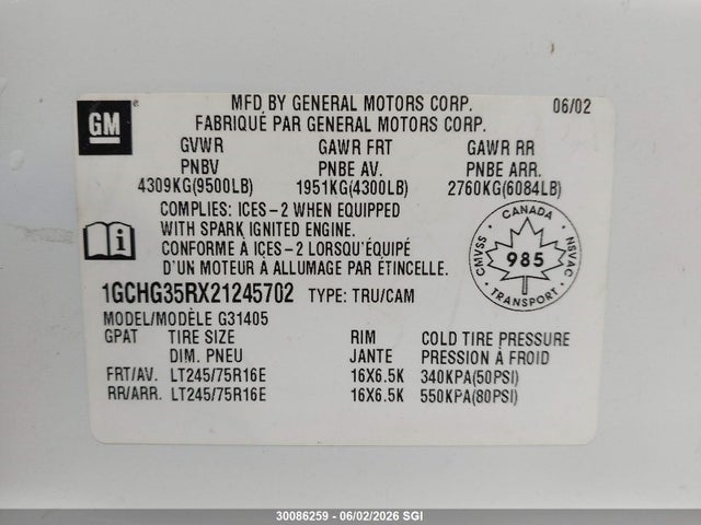 Aukcja sprzedaży 2002 Chevrolet Express G3500, vin: 1GCHG35RX21245702, numer aukcji: 30086259