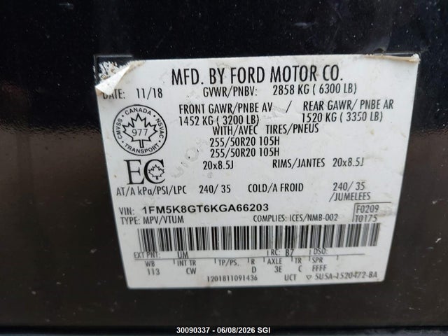 2019 Ford Explorer Sport მანქანა იყიდება აუქციონზე, vin: 1FM5K8GT6KGA66203, აუქციონის ნომერი: 30090337