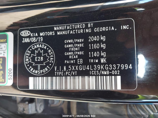 Продажа на аукционе авто 2019 Kia Optima Ex, vin: 5XXGU4L39KG337994, номер лота: 30091477