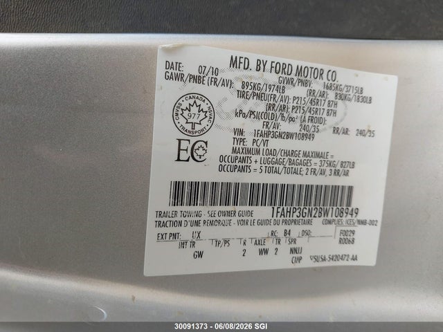 2011 Ford Focus Ses მანქანა იყიდება აუქციონზე, vin: 1FAHP3GN2BW108949, აუქციონის ნომერი: 30091373