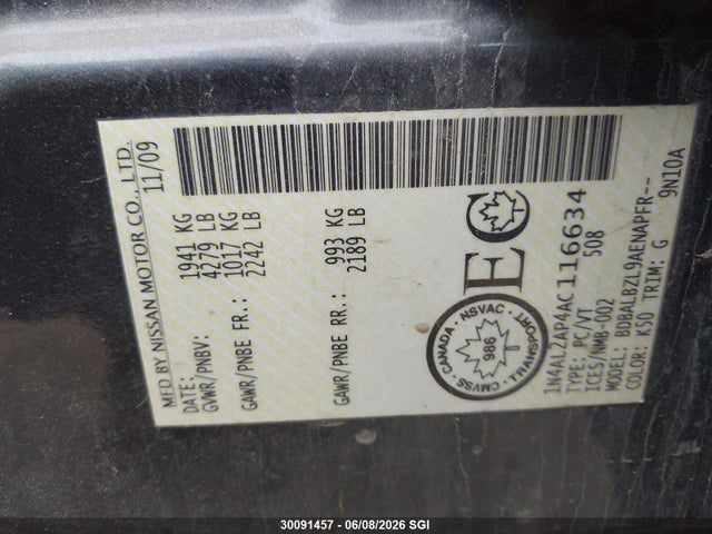 2010 Nissan Altima S მანქანა იყიდება აუქციონზე, vin: 1N4AL2AP4AC116634, აუქციონის ნომერი: 30091457