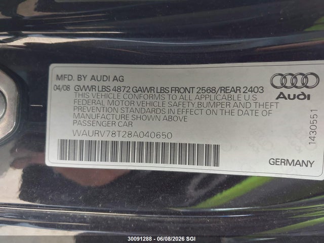 Продажа на аукционе авто 2008 Audi S5 Quattro, vin: WAURV78T28A040650, номер лота: 30091288