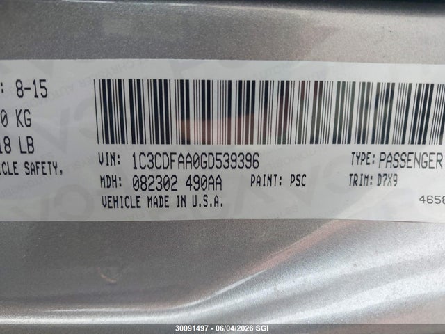 Продажа на аукционе авто 2016 Dodge Dart Se, vin: 1C3CDFAA0GD539396, номер лота: 30091497