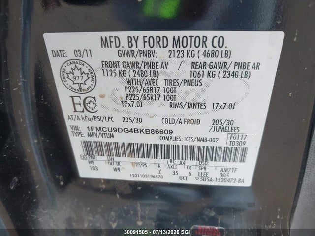 Продаж на аукціоні авто 2011 Ford Escape Xlt, vin: 1FMCU9DG4BKB86609, номер лоту: 30091505