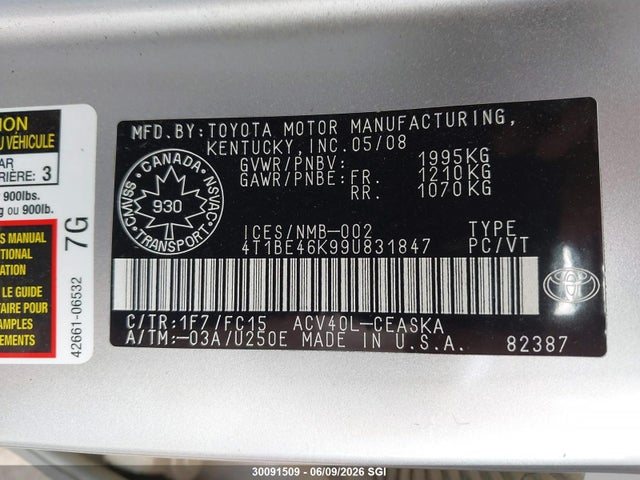 Продажа на аукционе авто 2009 Toyota Camry Se/le/xle, vin: 4T1BE46K99U831847, номер лота: 30091509