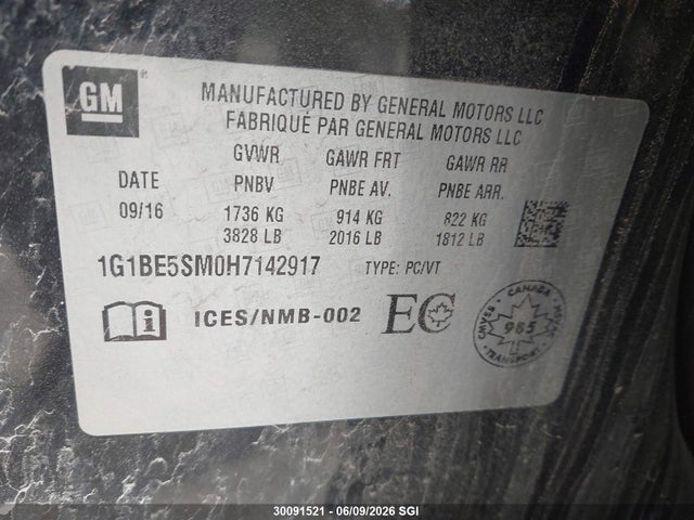 30091521 :رقم المزاد ، 1G1BE5SM0H7142917 vin ، 2017 Chevrolet Cruze مزاد بيع
