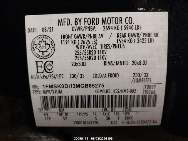 30090114 :رقم المزاد ، 1FMSK8DH3MGB65275 vin ، 2021 Ford Explorer Xlt مزاد بيع