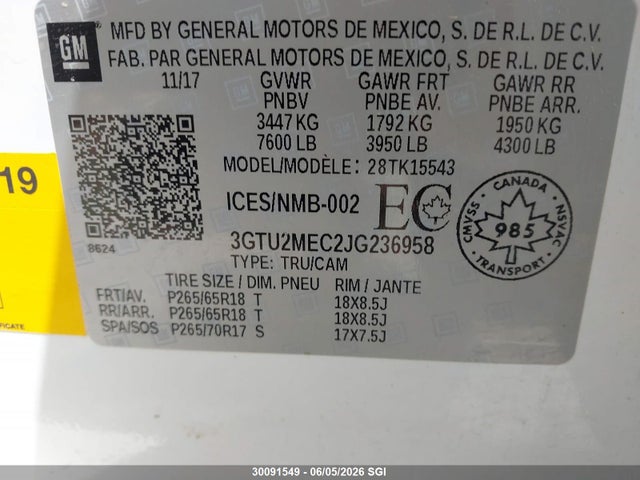 Продажа на аукционе авто 2018 Gmc Sierra K1500 Sle, vin: 3GTU2MEC2JG236958, номер лота: 30091549