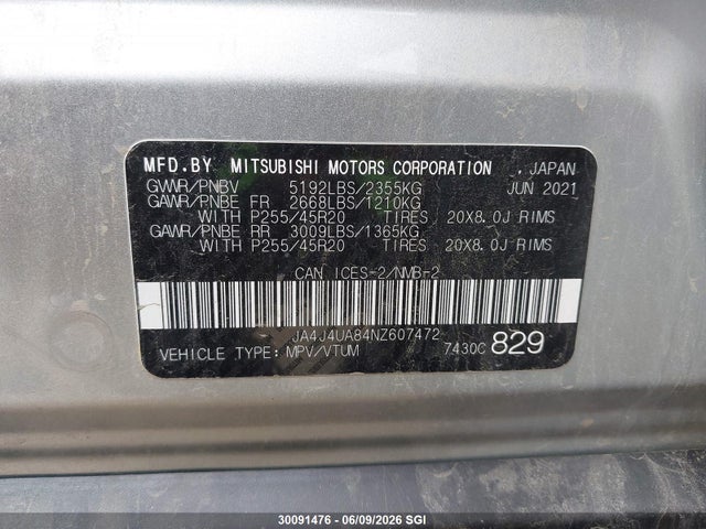 Продаж на аукціоні авто 2022 Mitsubishi Outlander Se/black Edition, vin: JA4J4UA84NZ607472, номер лоту: 30091476
