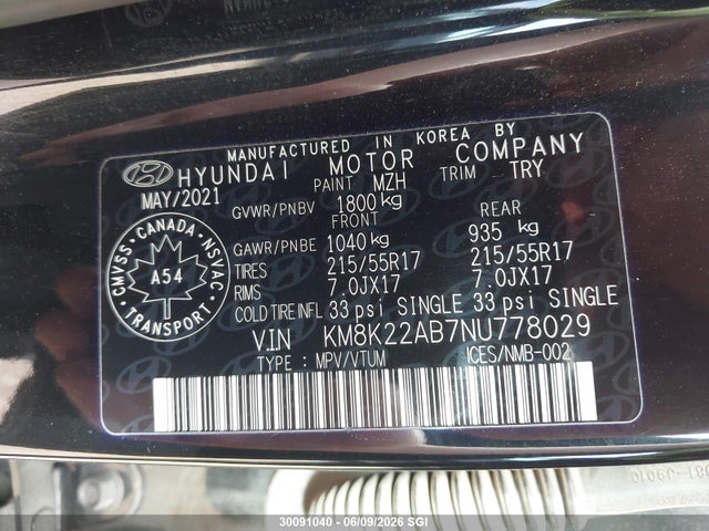 Aukcja sprzedaży 2022 Hyundai Kona Sel/se, vin: KM8K22AB7NU778029, numer aukcji: 30091040