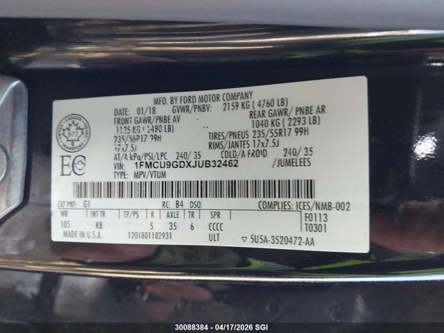 Aukcja sprzedaży 2018 Ford Escape Se, vin: 1FMCU9GDXJUB32462, numer aukcji: 30088384