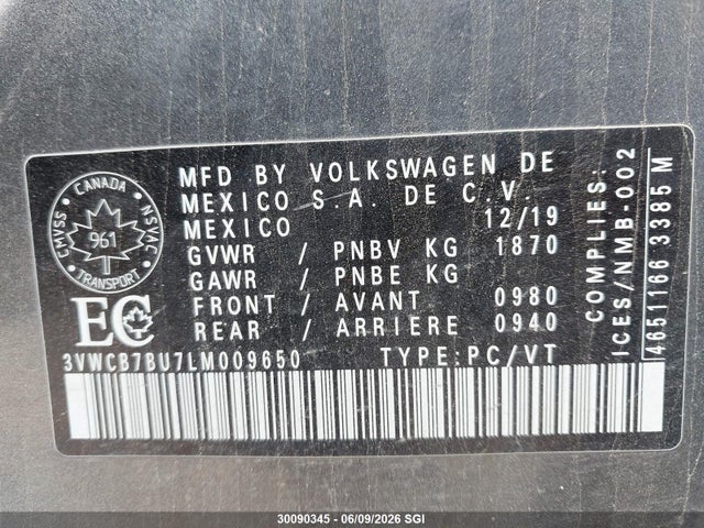 Aukcja sprzedaży 2020 Volkswagen Jetta Comfortline, vin: 3VWCB7BU7LM009650, numer aukcji: 30090345