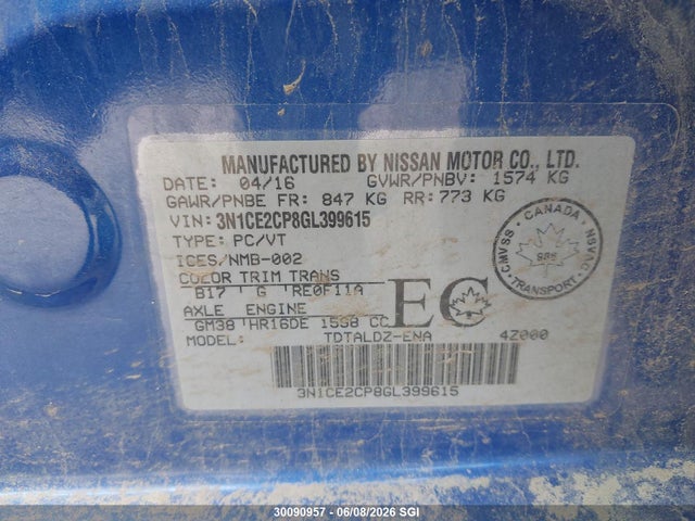 30090957 :رقم المزاد ، 3N1CE2CP8GL399615 vin ، 2016 Nissan Versa Note S/s Plus/sv/sl/sr مزاد بيع