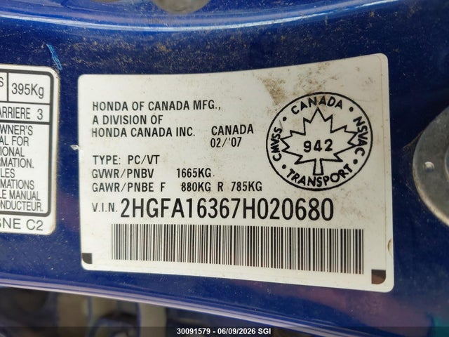 Продаж на аукціоні авто 2007 Honda Civic Dx, vin: 2HGFA16367H020680, номер лоту: 30091579