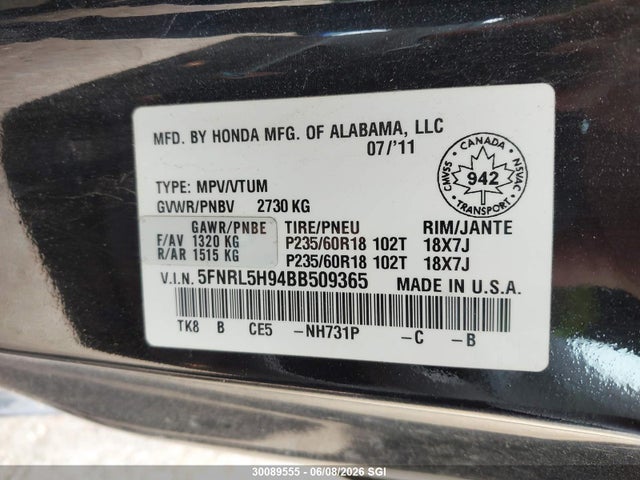 30089555 :رقم المزاد ، 5FNRL5H94BB509365 vin ، 2011 Honda Odyssey Touring/touring Elite مزاد بيع