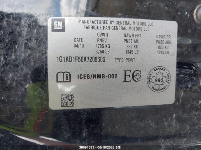 Продаж на аукціоні авто 2010 Chevrolet Cobalt 1lt, vin: 1G1AD1F56A7206605, номер лоту: 30091593