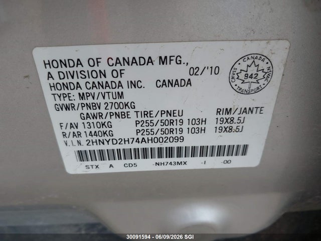 2010 Acura Mdx Advance მანქანა იყიდება აუქციონზე, vin: 2HNYD2H74AH002099, აუქციონის ნომერი: 30091594