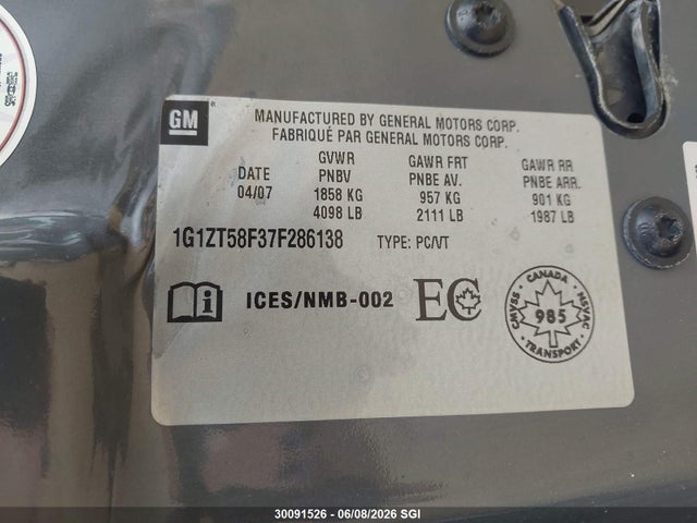 2007 Chevrolet Malibu Lt მანქანა იყიდება აუქციონზე, vin: 1G1ZT58F37F286138, აუქციონის ნომერი: 30091526