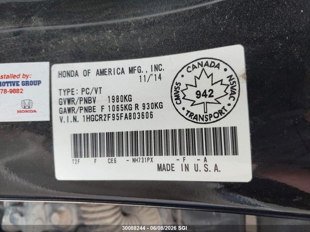 2015 Honda Accord Touring მანქანა იყიდება აუქციონზე, vin: 1HGCR2F95FA803606, აუქციონის ნომერი: 30088244