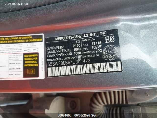 30091600 :رقم المزاد ، 55SWF8EB6KU301473 vin ، 2019 Mercedes-benz C 300 4mati مزاد بيع