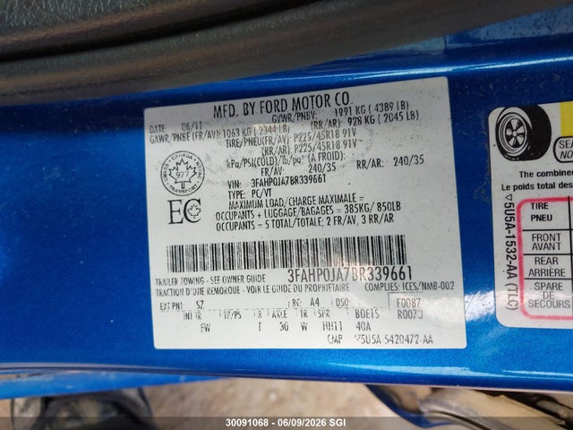 Продажа на аукционе авто 2011 Ford Fusion Sel, vin: 3FAHP0JA7BR339661, номер лота: 30091068