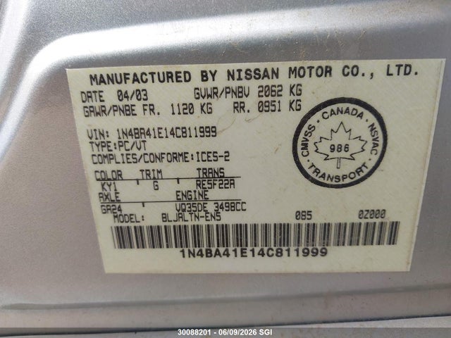 Aukcja sprzedaży 2004 Nissan Maxima Se/sl, vin: 1N4BA41E14C811999, numer aukcji: 30088201