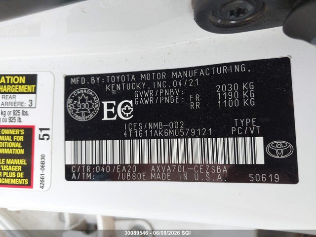 Продажа на аукционе авто 2021 Toyota Camry Se/se Night Shade, vin: 4T1G11AK6MU579121, номер лота: 30089546