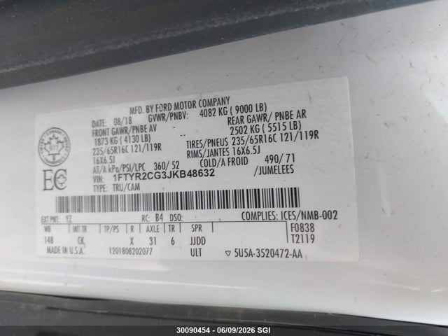 Продажа на аукционе авто 2018 Ford Transit T-250, vin: 1FTYR2CG3JKB48632, номер лота: 30090454