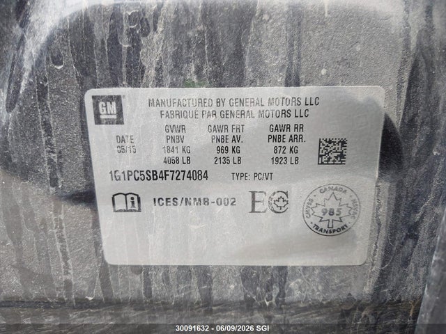 2015 Chevrolet Cruze Lt მანქანა იყიდება აუქციონზე, vin: 1G1PC5SB4F7274084, აუქციონის ნომერი: 30091632