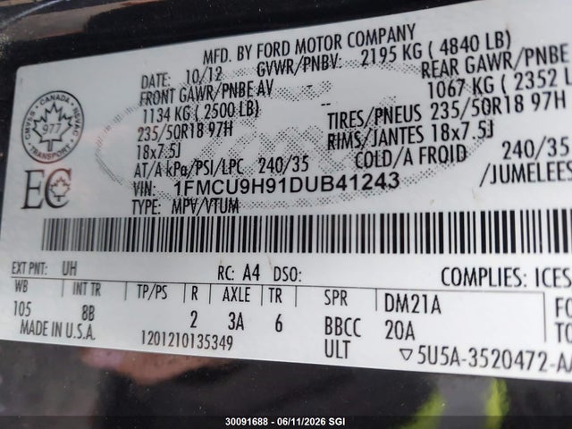 Продажа на аукционе авто 2013 Ford Escape Sel, vin: 1FMCU9H91DUB41243, номер лота: 30091688