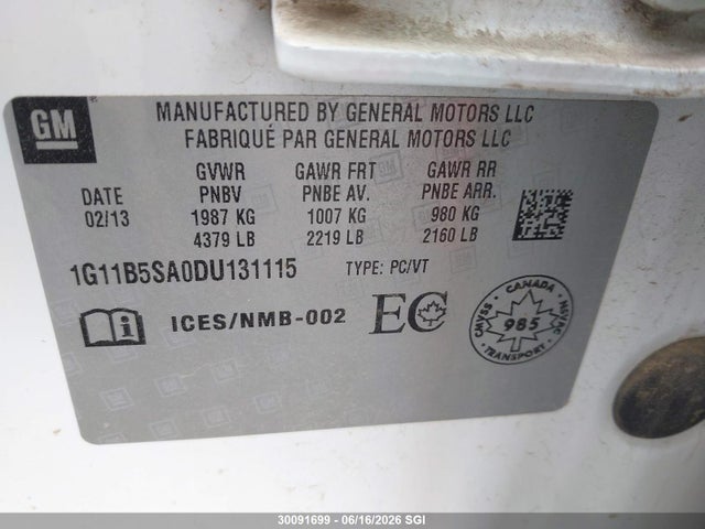 2013 Chevrolet Malibu Ls მანქანა იყიდება აუქციონზე, vin: 1G11B5SA0DU131115, აუქციონის ნომერი: 30091699