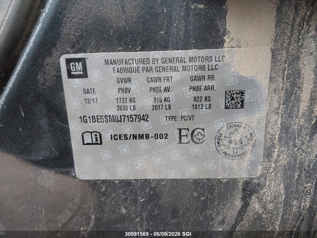 2018 Chevrolet Cruze Lt მანქანა იყიდება აუქციონზე, vin: 1G1BE5SM0J7157942, აუქციონის ნომერი: 30091569