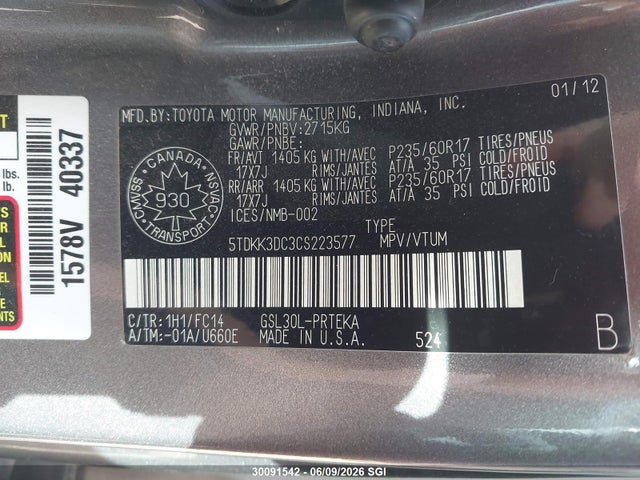 Продажа на аукционе авто 2012 Toyota Sienna Le, vin: 5TDKK3DC3CS223577, номер лота: 30091542
