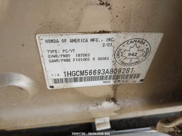 Продажа на аукционе авто 2003 Honda Accord Ex-l, vin: 1HGCM56693A809281, номер лота: 30091740