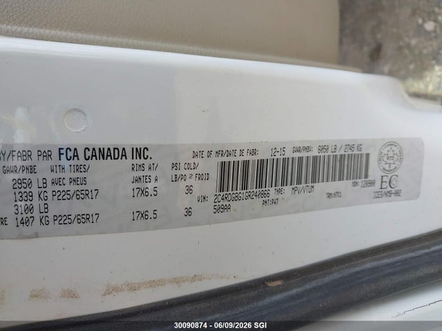 Aukcja sprzedaży 2016 Dodge Grand Caravan Se, vin: 2C4RDGBG1GR240866, numer aukcji: 30090874