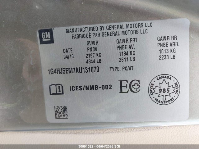 Auction sale of the 2010 Buick Lucerne Cxl, vin: 1G4HJ5EM7AU131070, lot number: 30091522