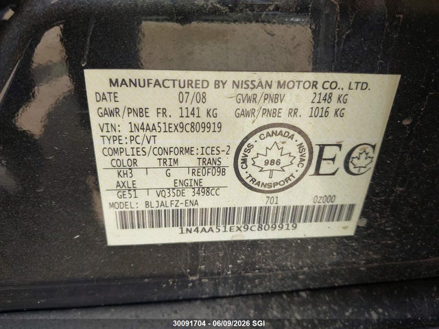Aukcja sprzedaży 2009 Nissan Maxima S/sv, vin: 1N4AA51EX9C809919, numer aukcji: 30091704