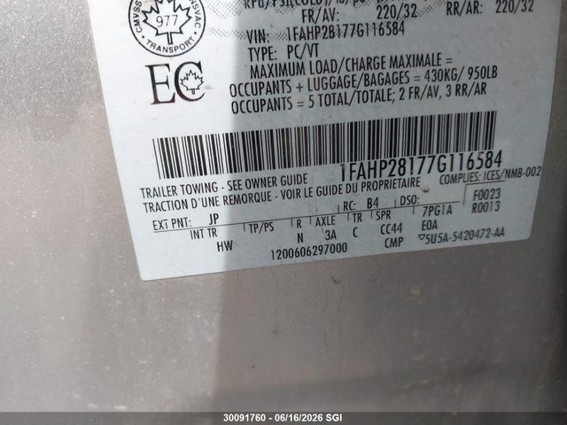 Продаж на аукціоні авто 2007 Ford Five Hundred Limited, vin: 1FAHP28177G116584, номер лоту: 30091760