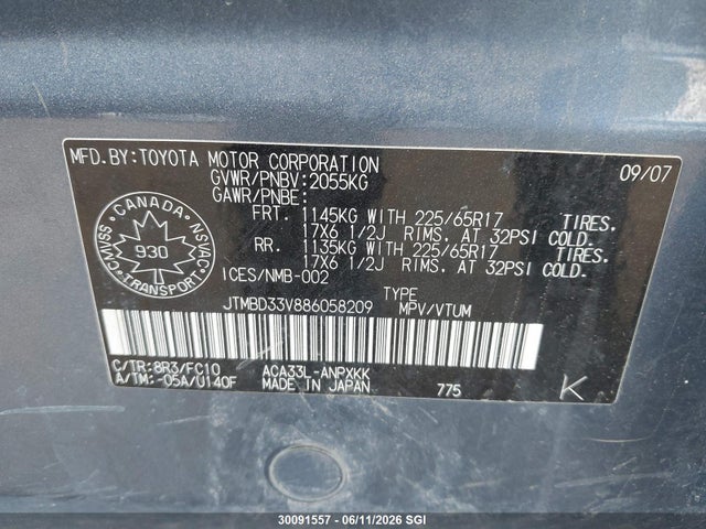 30091557 :رقم المزاد ، JTMBD33V886058209 vin ، 2008 Toyota Rav4 مزاد بيع