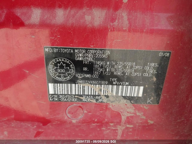 30091735 :رقم المزاد ، JTMBD32VX86071819 vin ، 2008 Toyota Rav4 Sport مزاد بيع