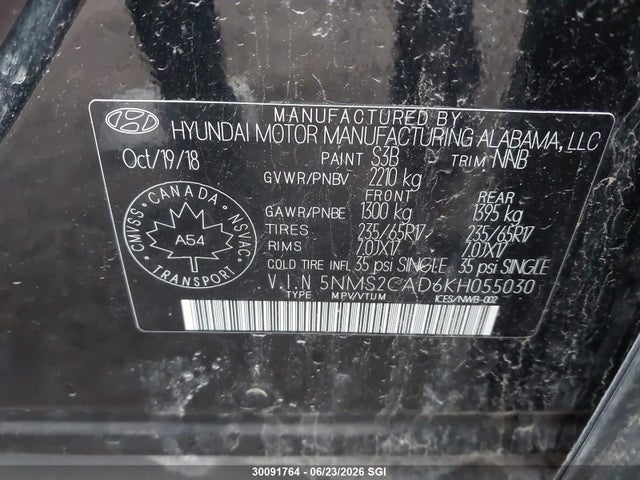 Продаж на аукціоні авто 2019 Hyundai Santa Fe Se, vin: 5NMS2CAD6KH055030, номер лоту: 30091764